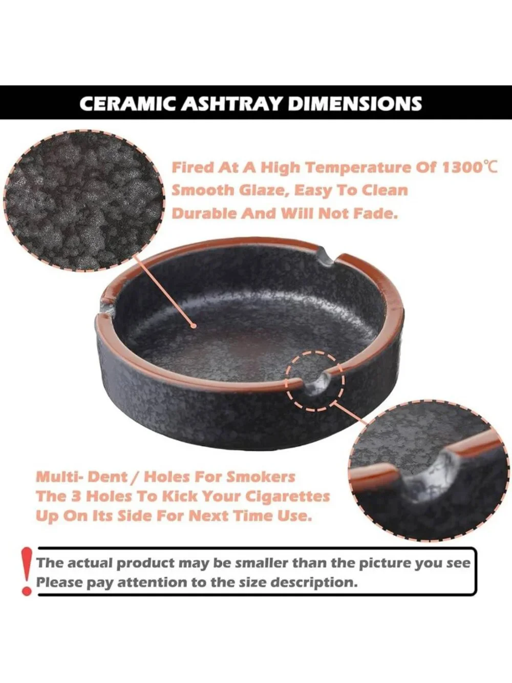 Stylish Ceramic Ashtray Set - Dazzling Black, Medium Size (2PCS) for Indoor